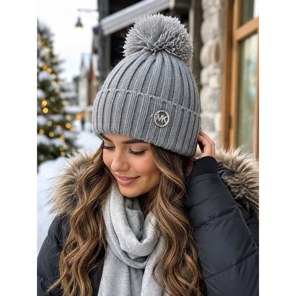 Michael Kors Gray Ribbed Knit Pom Pom Beanie Hat Silver MK Logo One Size